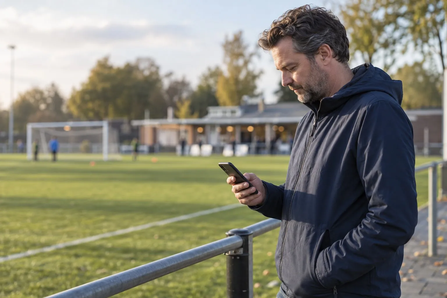 Ouder bekijkt een telefoon langs een amateurvoetbalveld; gegenereerde illustratie