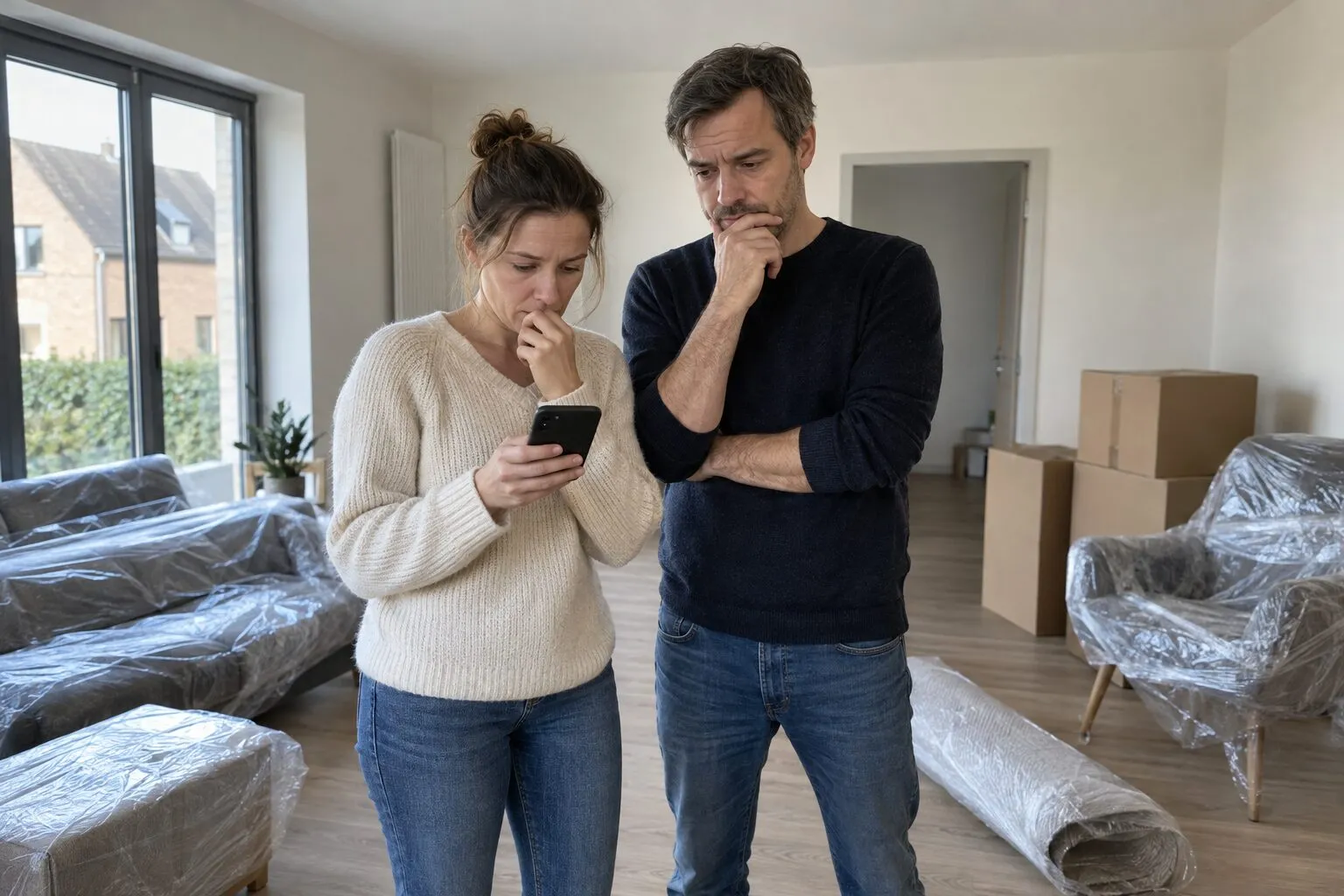 Stel in een woonkamer met nieuwe meubels in folie, de vrouw kijkt naar een mail op haar telefoon