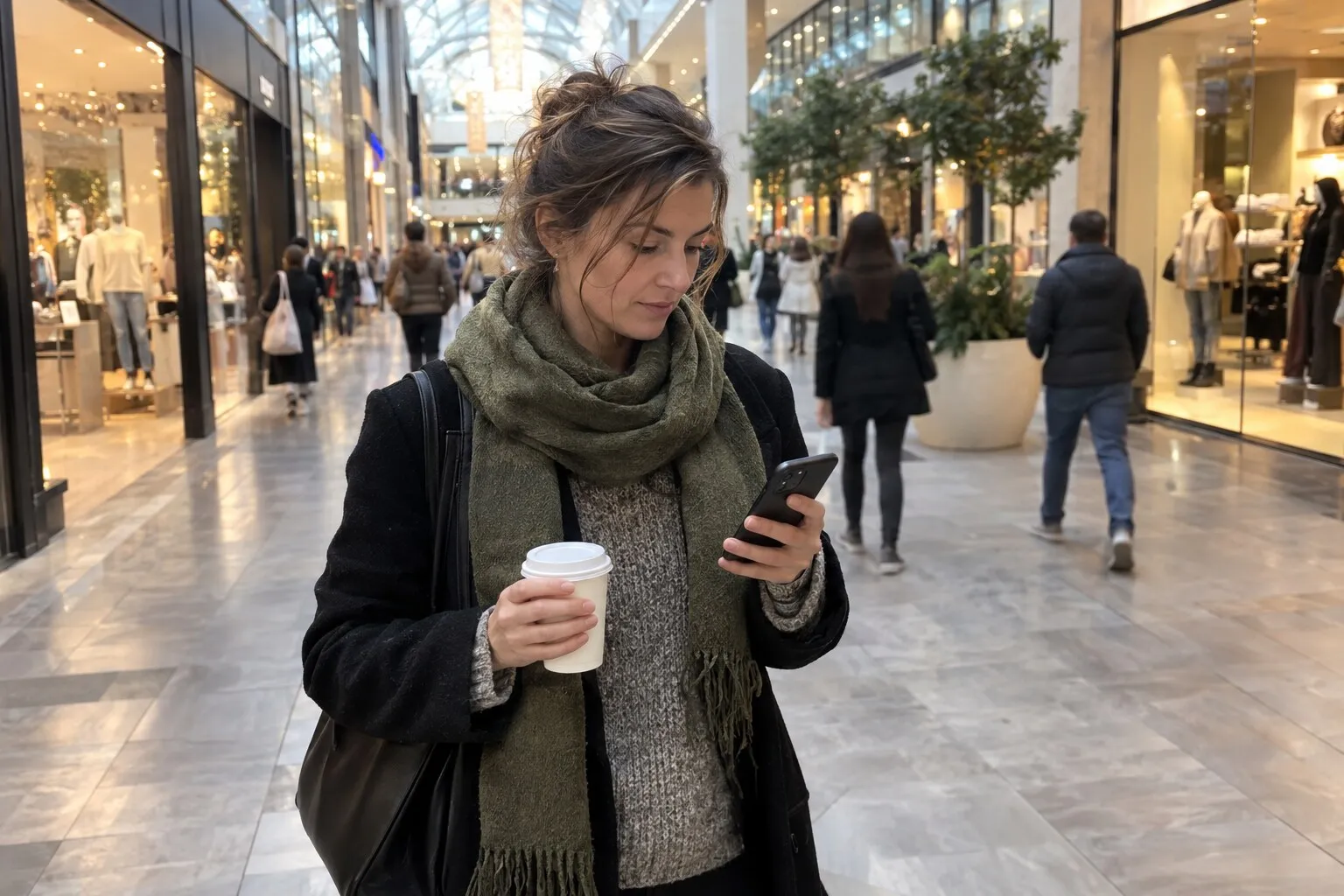 Vrouw met een koffiebeker in een overdekt winkelcentrum kijkt naar haar telefoon