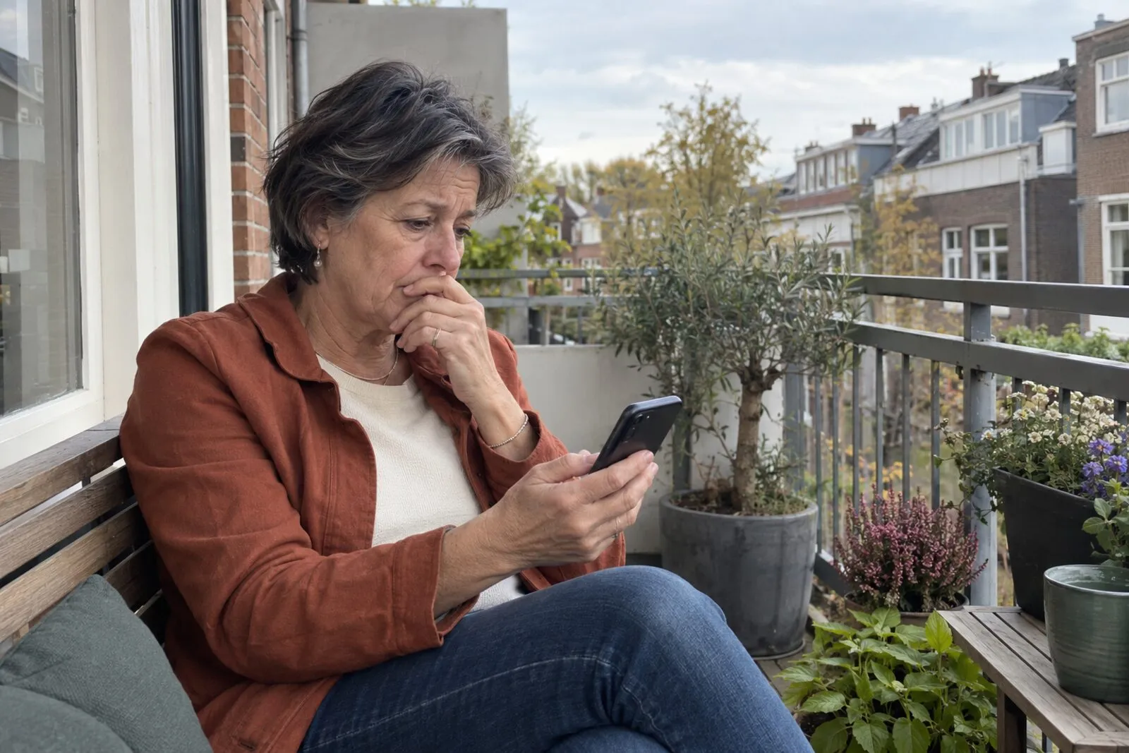 Vrouw op een balkon kijkt bezorgd naar een bericht op haar telefoon