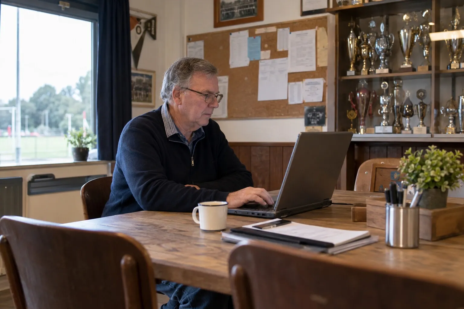 Vrijwilliger in een clubgebouw scrolt op een oude laptop