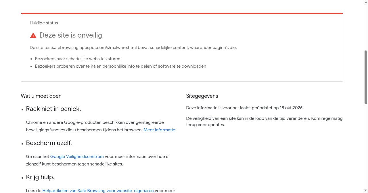 Transparantierapport met status Deze site is onveilig en de uitleg Raak niet in paniek