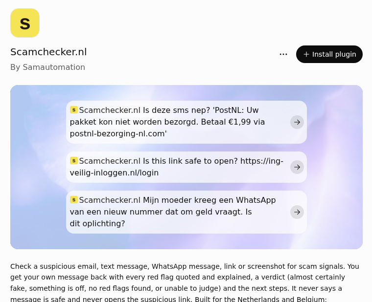De pagina van Scamchecker.nl in de ChatGPT-plugins, met de knop Install plugin en drie voorbeeldvragen