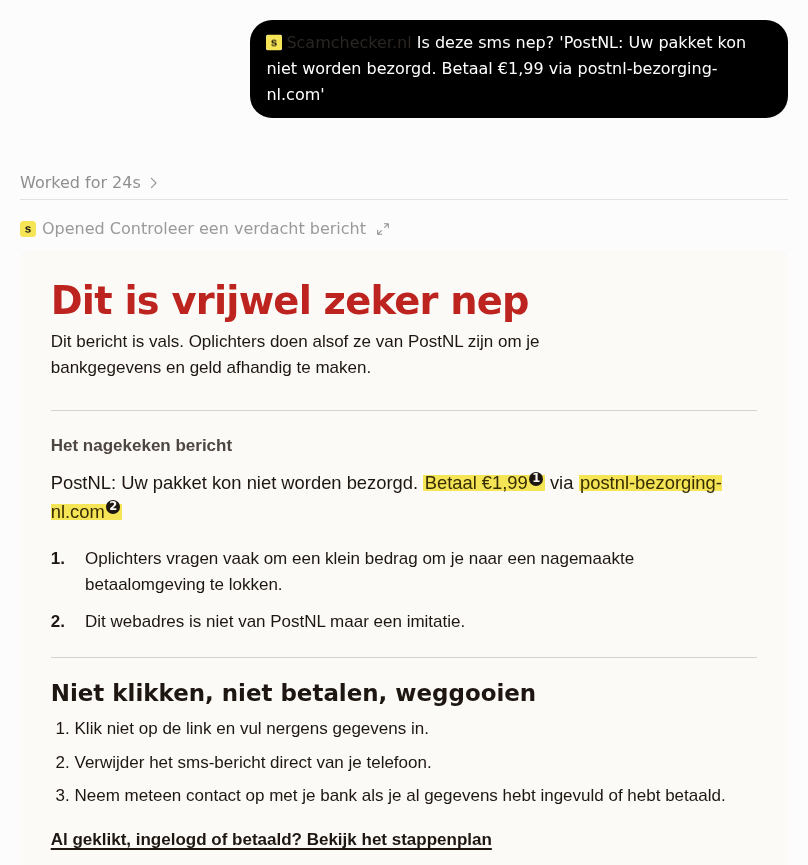 ChatGPT met Scamchecker: een nep-sms van PostNL krijgt het oordeel Dit is vrijwel zeker nep, met het bedrag en het nagemaakte webadres geel gemarkeerd