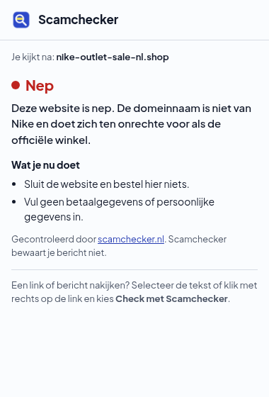 Scamchecker-extensie op een nep-webshop: oordeel Nep, met de stappen Sluit de website en Vul geen betaalgegevens in
