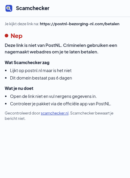 Scamchecker-venster voor een link: nep, lijkt op postnl.nl maar is het niet