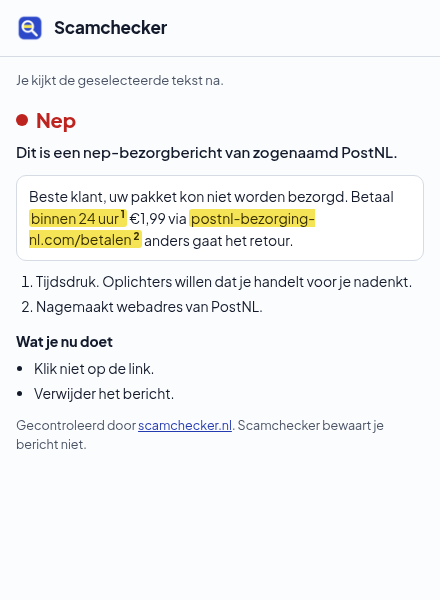 Scamchecker-venster voor een sms-tekst met gele markeringen bij tijdsdruk en een nagemaakt webadres