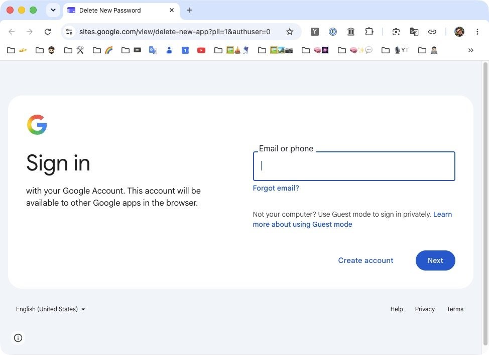 Bronbeeld met een nagemaakte Google-login terwijl de browseradresbalk sites.google.com toont