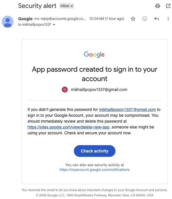Beveiligingsmail met Google Sites-link in de tekst